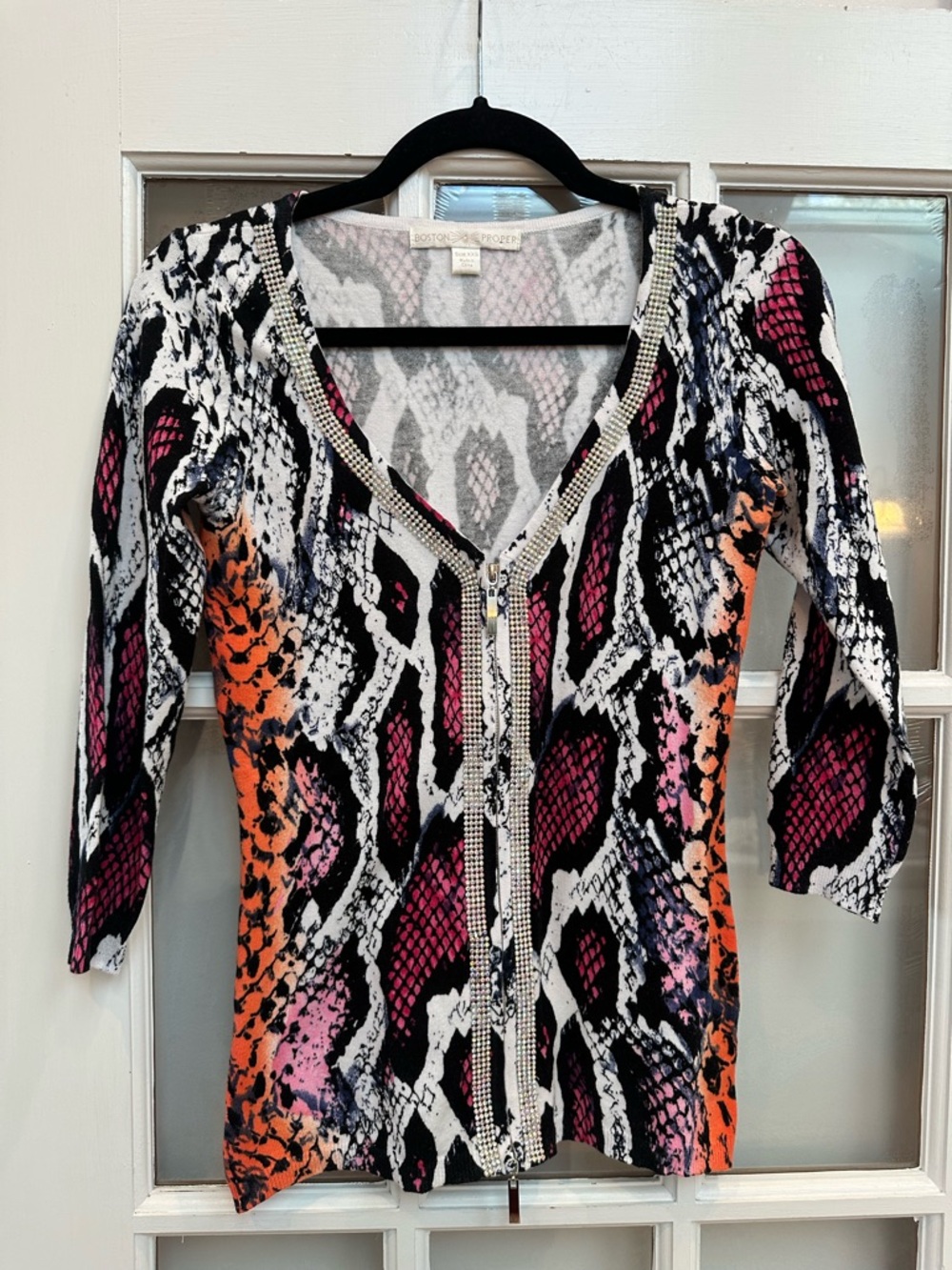 Vintage Boston Proper Y2K Snake-Print Embellished Zip Cardigan Sweater Size XXS